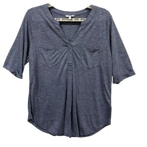 Sonoma Goods For Life Women Blue Space Dye Split Neck Elbow Sleeve Top Large